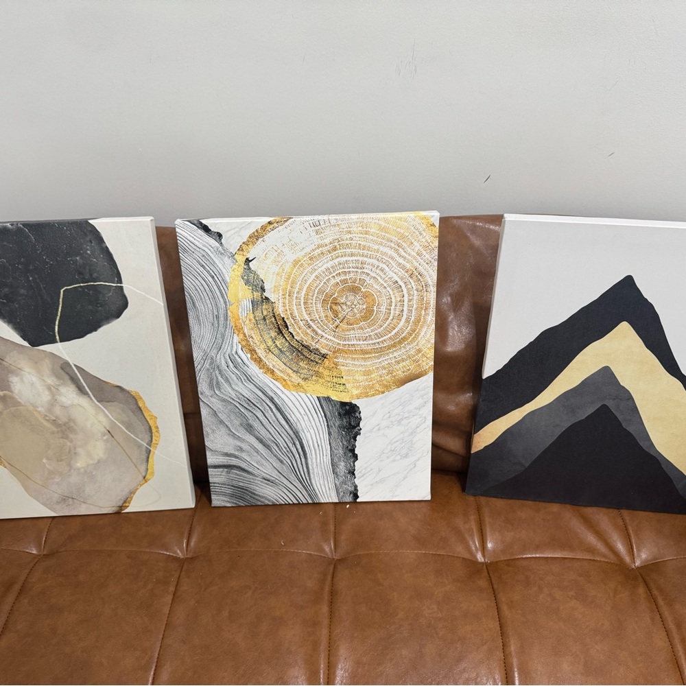 Abstract Canvas Art Set in Black, Gold, and White